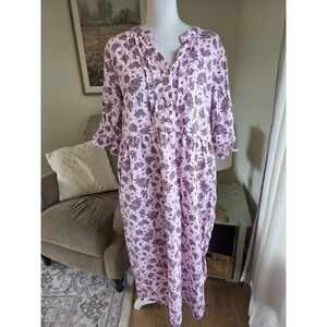 Lintico Dress Size XL Linen Paisley Pintucked Ruffle- CuffMaxi Dress MAELYN Pink